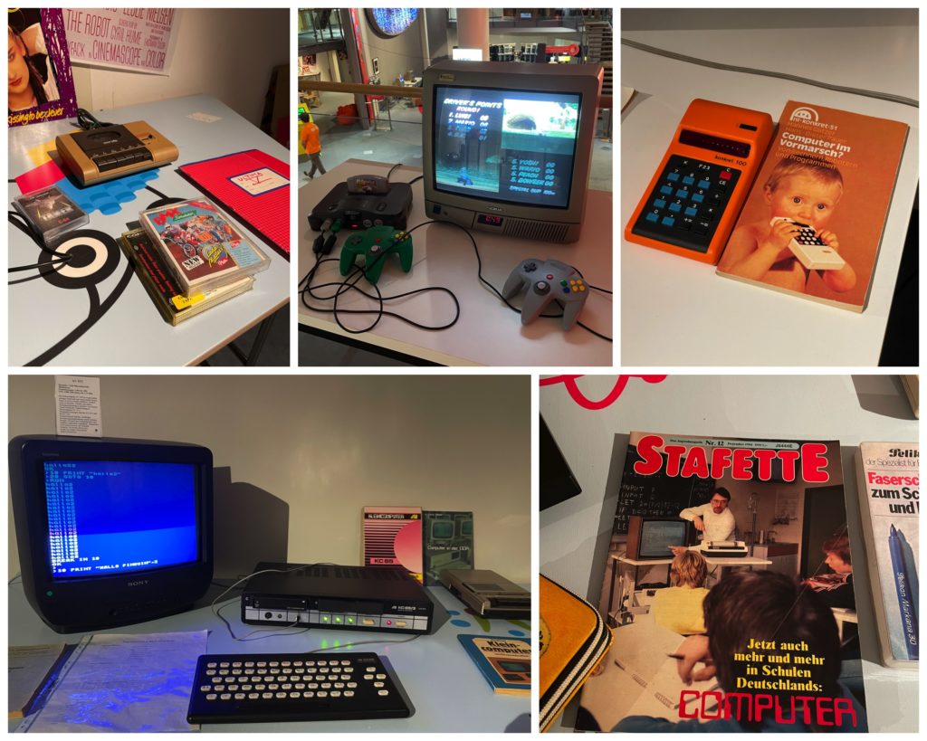 Retro Games collage: Nintendo 64, Robotron computer, calculator