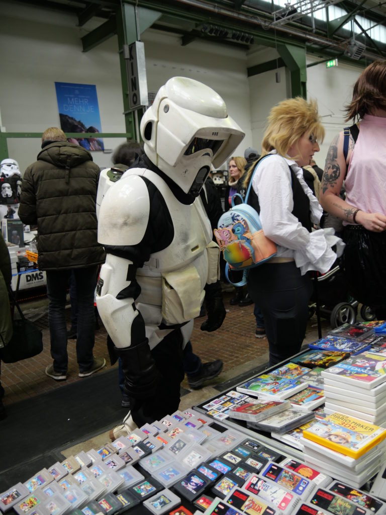 Storm trooper checking out Nintendo games